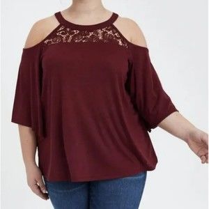 Torrid Jersey Knit Lace Inset Cold Shoulder Top Wine Burgundy Half Bell Sleeve 3